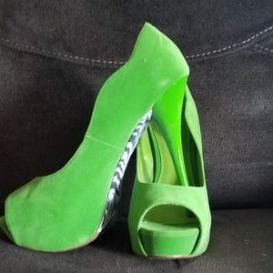 Qupid Neon Green Faux Suede Heels